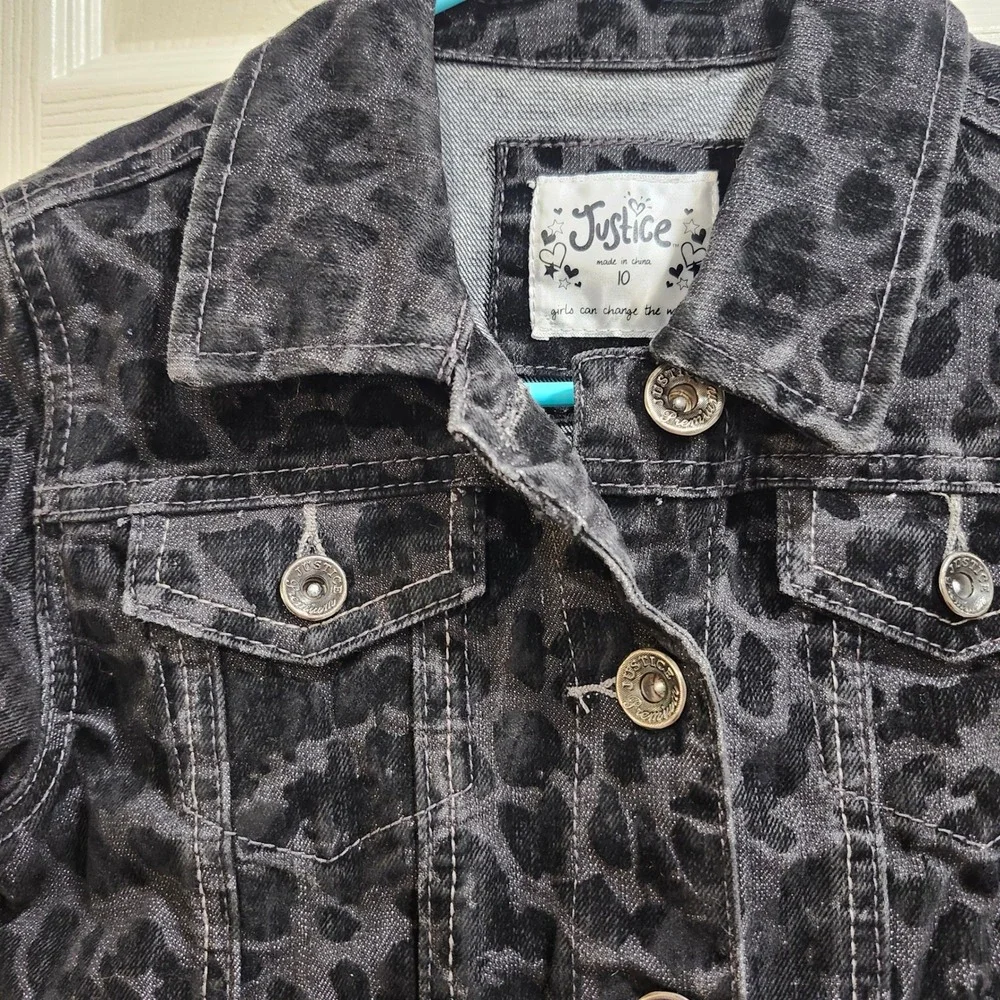 Justice Girls Size 10 Black Grey Leopard Animal Print Denim Trucker Jacket
